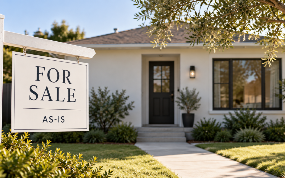 House with a for sale sign representing an as-is home sale